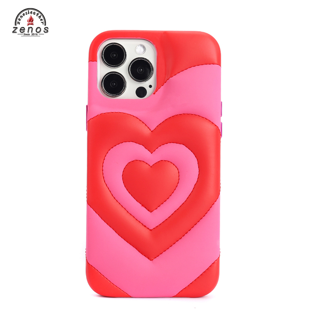 Zenos Puffer Case Power Puffer Use High Quality PU Leather Pink Waterproof Business Shockproof Fashion Heart Pattern Phone Case