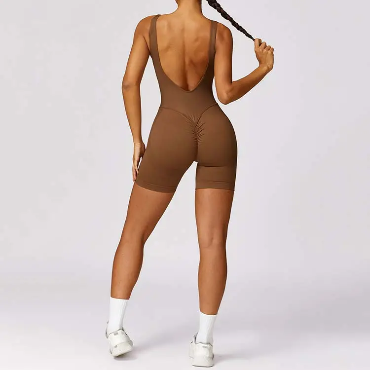 Moda dikişsiz spor yoga tek parça tulum set özel logo spor scrunch popo kısa tulum kadınlar için