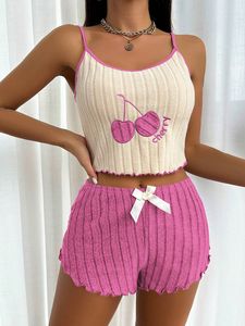 Pijama <span class=keywords><strong>Sexy</strong></span> de Verano <span class=keywords><strong>para</strong></span> Mujer con Estampado de Cerezas, Conjunto de 2 Piezas: Camiseta sin Mangas y Pantalones Cortos - Product Image 4