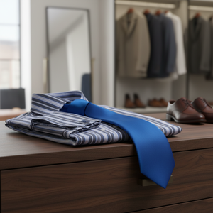 Camisa de Manga Larga con Botones y Rayas Azul Grisáceo, Juego de Gemelos para Corbata - Product Image 3