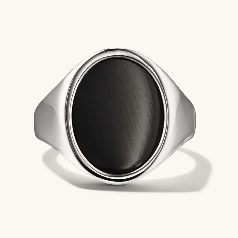 New Trendy Oval Gemstone Black Onyx 925 Sterling Silver Signet Rings Mens Jewelry