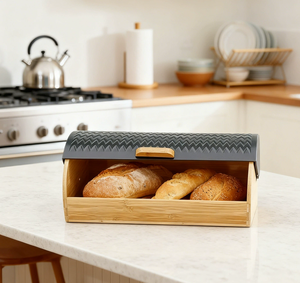 กล่องใส่ขนมปังสแตนเลสแบบดึงฝา, กล่องเก็บขนมปังฐานไม้ไผ่, กล่องใส่ขนมปังบนเคาน์เตอร์, กล่องใส่ขนมปังกันฝุ่นขายส่ง - Product Image 4