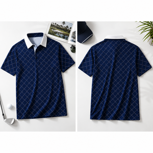 Custom <b>Navy</b> Plaid Golf Polo Shirt Mens Check Print Performance Moisture Wicking Stretch OEM ODM Private Label Manufacturer - Product Image 4