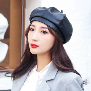 Women's Beret PU Leather Octagonal Hat Solid Color Windproof Non Foldable For Autumn Winter Spring British Style Elegant Hat - Product Image 1