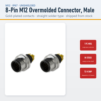 Connecteur M12 mâle circulaire à 8 broches, codage A, étanche IP67, type à souder, non blindé, câblable sur site, surmoulé, 1 pièce MOQ