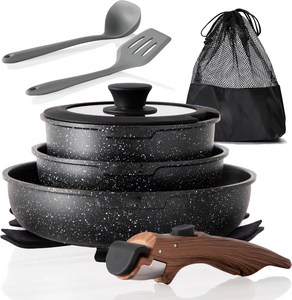Ensemble de casseroles et poêles à induction avec poignée amovible - Ensemble de 10 ustensiles de cuisine antiadhésifs, ustensiles de cuisine empilables en granit noir pour camping-car - Product Image 1
