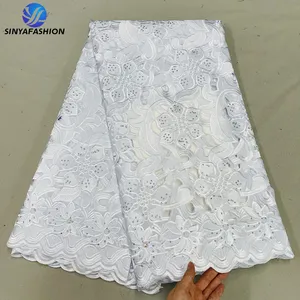 Sinya 2023 Alta Qualidade Branco Africano Strass Mão Buraco Cortado 100% Bordados de Algodão Seco Polonês Lace Voile Suíço Na Suíça