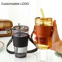 Gobelet en verre portable avec sangle pour boissons glacées, café, smoothies et eau, avec couvercle et paille