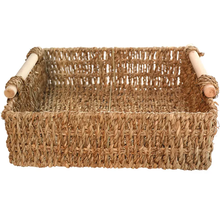 Плетеная трава, деревянная ручка, соломенная плетеная настольная корзина для хранения, коробка для хранения