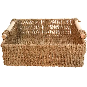 Wooden Storage Baskets Grass Woven Wood Handle Handmade Straw Woven Desktop Storage Basket Storage Box