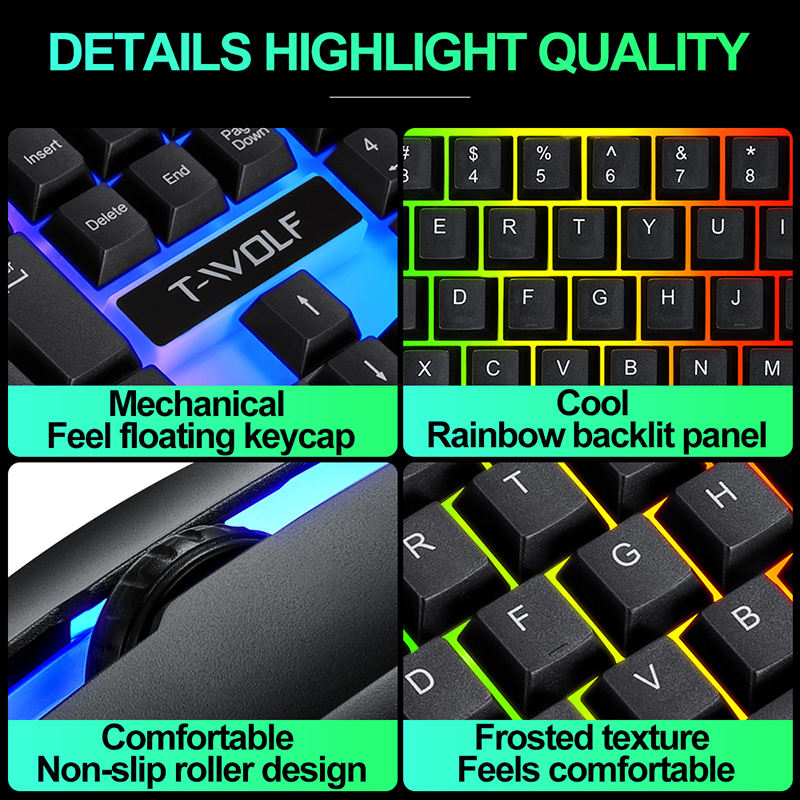 ORANGLES T-WOLF TF230 Wired Gaming Keyboard & Mouse Set | 104-Key RGB Combo, 1200-2400 DPI Optical Mouse, Ergonomic Design for PC/Laptop Office & Gaming – White/Black (Kuwait) - full product showcase - displaying specifications - Image 5 of 6 | adapts to any space | T-WOLF TF230 Wired Gaming Keyboard & Mouse Set | 104-Key RGB Combo, 1200-2400 DPI Optical Mouse, Ergonomic Design for PC/Laptop Office & Gaming – White/Black (Kuwait) deal New Jersey | Free Shipping ORANGLES