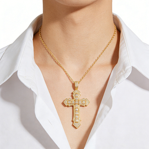 CUSTOM SILVER 10K/14K/18K GOLD PLATED LAB GROWN CVD DIAMOND CLASSIC ENGAGEMENT GIFT SWEATER <b>CHAIN</b> NECKLACE <b>CROSS</b> PENDANT VS - Product Image 4