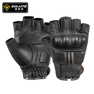 SULAITE Gants de moto demi-doigts unisexes en cuir noir avec fermeture éclair, respirants, protection pour hommes et femmes - Product Image 3