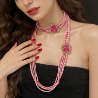 Collier long multi-rangs en fausses perles, luxe, camélia incrusté de diamants, collier ras du cou vintage, accessoires de tenue de mariage pour femmes