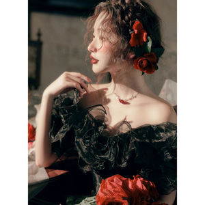 Black Off-The-Shoulder Ball Gown Empire Waist Vintage Evening Dress For Wedding Portrait Photography - Product Image 3