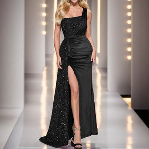 Gaun Pesta Pernikahan/Prom Wanita Elegan 2025 Model Satu Bahu dengan Detail Draped dan Belahan, Warna Merah Anggur, Gaun Pengiring Pengantin Panjang dengan Payet, Gaun Malam - Product Image 2