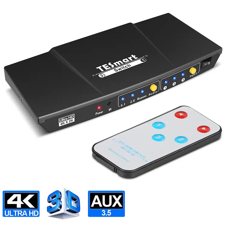 8/10/12 bits color depth Easy to switch 3x1 HDMI Switcher With audio output via optical or L/R AUX interfaces video switch