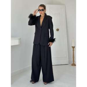 Ensemble de costume pour femmes noires, veste en satin, pantalon avec poignets en fourrure, tenue formelle - Product Image 5