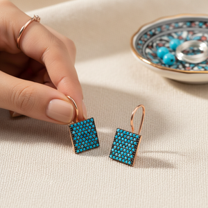 Square Turquoise Stone <b>Rose</b> <b>Gold</b> Plated Earring Turkish Wholesale 925 Sterling Silver for Woman Jewelry - Product Image 3