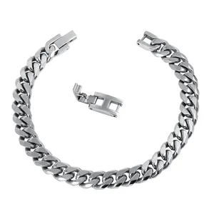 Pulsera de cadena cubana de acero inoxidable con hebilla de eslabón de extensión de cadena de metal plateado cepillado para hombre