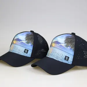 Casquette de melin à trou laser de bonne qualité, patch en caoutchouc 3D personnalisé et casquette de camionneur à 5 panneaux avec logo imprimé, casquette imperméable