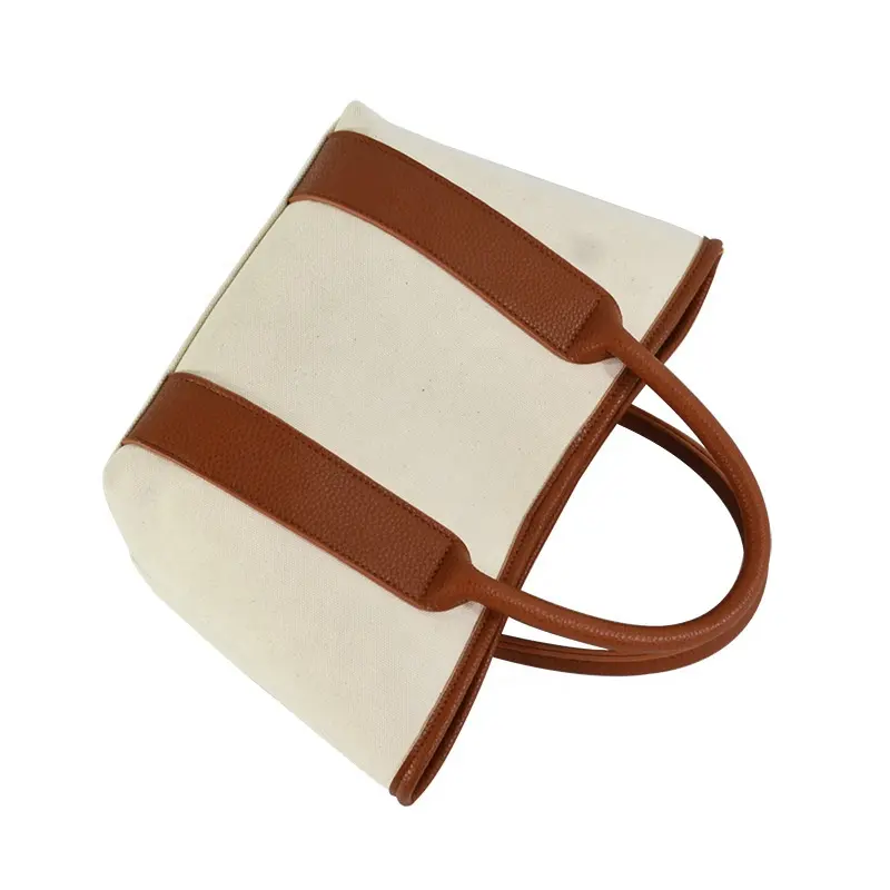 Daily Handbag Brown Leather Handles Strap Blank Vintage Cotton Canvas Tote Bag With Custom Printed Logo