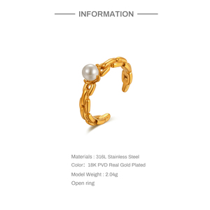 Anillo Geométrico Simple de Acero Inoxidable, Anillo de Cadena con Baño de Oro de 18K, Anillo Abierto de Moda con Perla - Product Image 2