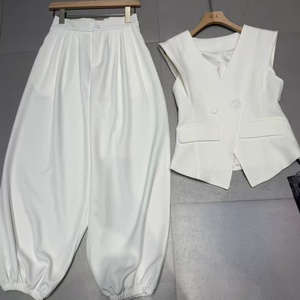 Conjunto de <span class=keywords><strong>Chaleco</strong></span> Entallado y Pantalones Bombachos de Cintura Alta para <span class=keywords><strong>Mujer</strong></span>, Negro/Marrón/Azul/Blanco, Sin Mangas, Cuello en V, <span class=keywords><strong>Traje</strong></span> de Oficina - Product Image 2