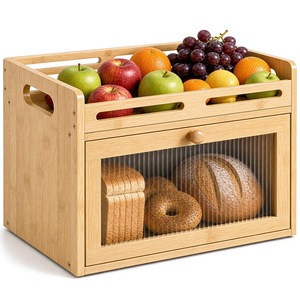 Boîte à pain en bambou à un seul niveau, rangement pour fruits et légumes, conteneur anti-poussière pour comptoir de cuisine avec porte en verre - Product Image 1