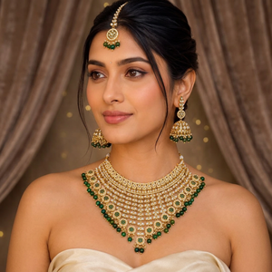 Handcrafted Royal Bridal Kundan Broad Choker <b>Set</b> Maroon Gemstone Bead Fringe Necklace <b>Set</b> with Matching Jhumkas & Maang Tikka - Product Image 3