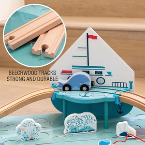 Ensemble de train maritime en bois avec <span class=keywords><strong>canne</strong></span> à pêche magnétique, bateau, pont, baleine, corail, créatures marines, tapis de jeu vagues bleues, jouet pour enfants - Product Image 3