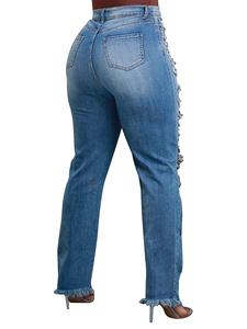 Jeans de mezclilla elásticos para <span class=keywords><strong>mujer</strong></span>, estilo <span class=keywords><strong>boyfriend</strong></span>, con corte desgastado, pierna recta, desgarrados y con flecos, Primavera 2025 - Product Image 5