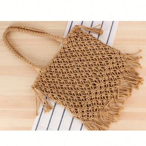 Bolso de mano de malla de algodón con borlas de ganchillo, nuevo y moderno, para mujer, ideal para la playa y vacaciones, venta al por mayor. - Product Image 4