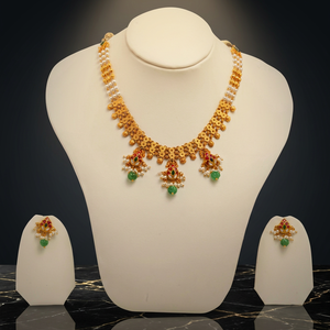 Traditional Gold <b>Necklace</b> Set with Green Emerald and Red <b>Ruby</b> Accents Featuring Elegant Pearl String Detailing - Product Image 5