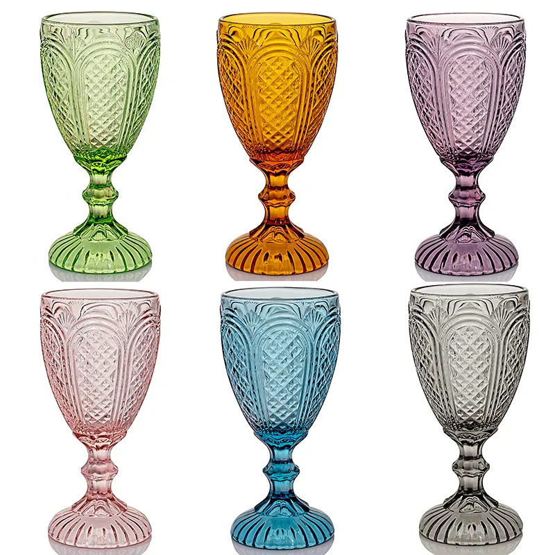 Preslenmiş makine preslenmiş cam kabartmalı tasarım züccaciye renk şarap bardakları Vintage şarap kadehi gözlük Stemware