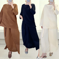 Ensemble deux pièces asymétrique plissé diagonalement, tunique à manches longues avec fente latérale et jupe longue portefeuille, tenue modeste pour femme, automne, vente en gros, OEM