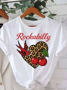 T-shirt da donna taglie forti a maniche corte, stile rockabilly, con stampa leopardata a cuore, girocollo, vestibilità regolare, 100% cotone, primavera estate, di tendenza - Product Image 3