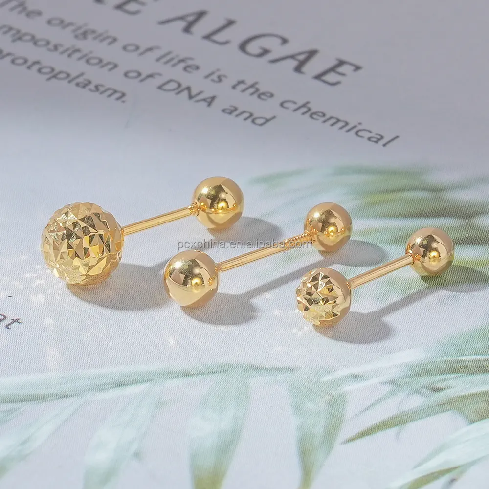 PCX Jewelry Oro 18k Gold jewelry Ball Stud Gold Earrings Oro 18k Women Fine Round Ball Earrings 18k Solid Beaded Stud Earrings