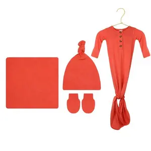 Baby Ultimate Bundle Blanket Knotted Raglan Gown Scratch Mittens Top/Headband Knot Hat in Coral
