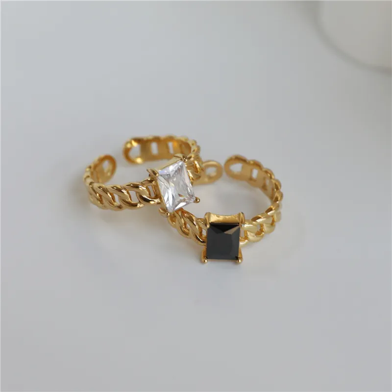 PVD 18K Gold Plated Chain Rectangle Black & White Crystal CZ Stone Adjustable Women Ring Stainless Steel Jewelry Fashion
