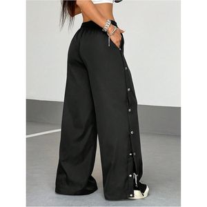 Pantalon de survêtement ample pour femme, jambe large, taille haute, cordon de serrage, style Y2K, streetwear, avec fente et boutons - Product Image 2