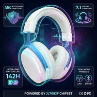 Headset Gaming Nirkabel ANC 7.1 Surround Sound untuk Mode Ganda Kabel+Nirkabel 6.0, Lampu RGB JL, Baterai 2000mAh, Over-Ear
