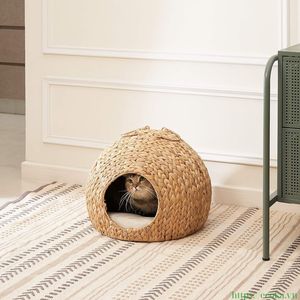 Eco-Friendly Handcrafted Water Hyacinth Cat House Woven Round Cat <b>Bed</b> <b>Cave</b> With Handles from Vietnam - Product Image 5