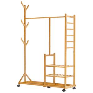Bamboo <b>Clothes</b> <b>Rack</b> With 6 Hooks And 3 Garment Hooks Multifunction Standing Type For Living Room Clothing Organizer - Product Image 1