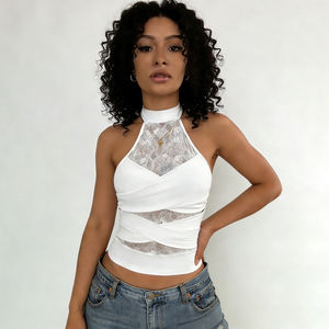 Débardeur Cami Blanc en Dentelle Transparente sans Manches pour Femme, Nouvelle Collection Été, Dos Nu, Col Montant, Design Croisé, Style Clubbing - Product Image 2