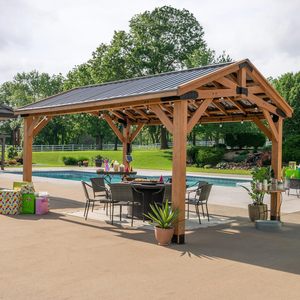 Gazebo <span class=keywords><strong>en</strong></span> <span class=keywords><strong>bois</strong></span> de cèdre de 16 pi x 12 pi, toit <span class=keywords><strong>en</strong></span> acier isolé thermiquement, bâtiment de jardin extérieur durable avec pergola <span class=keywords><strong>en</strong></span> <span class=keywords><strong>bois</strong></span> - Product Image 1