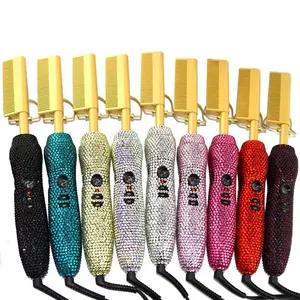 500 degrees customize bling crystal hot comb iron brush electric pressing hot hair straightener comb//