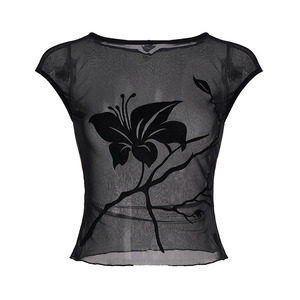 Crop top sexy en maille patchwork à imprimé floqué, style Y2K, pour femme, noir, coupe slim, manches courtes - Product Image 6