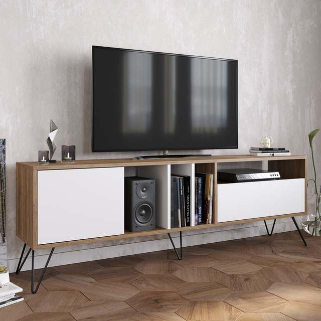 Modern Nordic Living Room Furniture 55 Inch Wood Media Console TV Stand with Metal Legs, Tv Unit Cabinet
