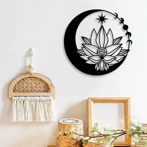 JH-Mech Custom Bedroom Living Room Boho Floral Moon and Star Phase Half Moon Flower Sculpture Black Metal Wall Decor